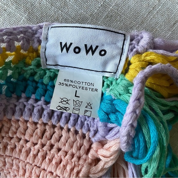 WoWo Colorful Crochet Halter Top Size L Open Back with Fringe Boho Hippie Fest - Picture 9 of 11